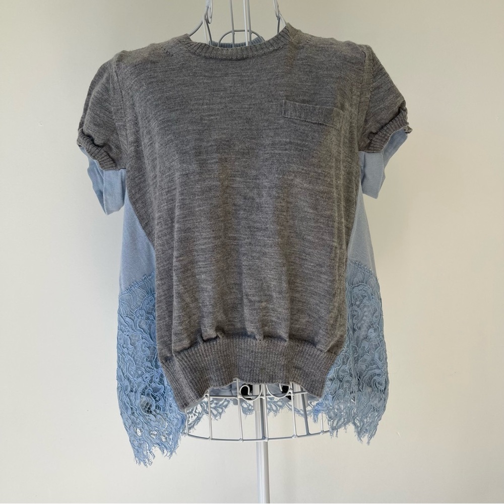 Sacai crew neck wool short sleeve sweater top lace details grey baby blue SZ 2/M